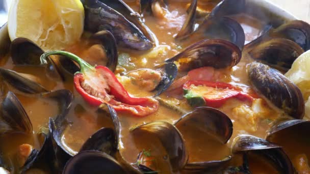 Lahodná středomořská polévka z mořských plodů s různými druhy směsi - Záběry, video