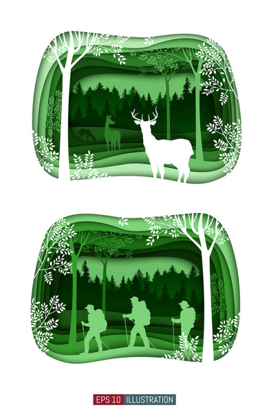 Set of abstract backgrounds. Forest wilderness landscape. Deer family silhouettes. People with backpacks silhouettes. Paper cut shapes. Template for your design works. Vector illustration. - Vector, Image