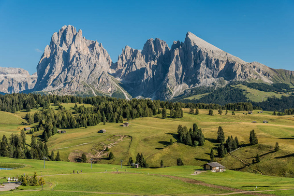 Vue du Saslonch, du Sassolungo ou du Langkofel, la plus haute montagne du groupe Langkofel depuis l'Alpe di Siusi ou le Seiser Alm dans les Dolomites au Tyrol du Sud, en Italie - Photo, image