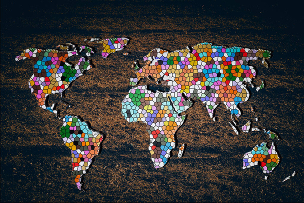 Zhruba načrtnutá mapa světa s barevnými vzory pozadí - Fotografie, Obrázek