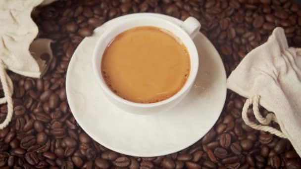  φλιτζάνι νόστιμο ζεστό και αρωματικό καφέ που περιβάλλεται από καβουρδισμένους σπόρους - Πλάνα, βίντεο
