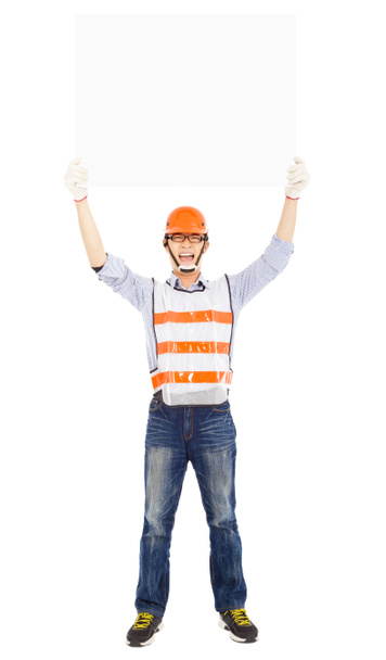 mannelijke werknemer permanent en houden wit bord - Foto, afbeelding