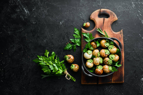 "Escargots de Bourgogne" - baked snails with garlic, butter and basil. French traditional food. Top view. Free space for your text. - Fotoğraf, Görsel