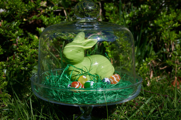 Você vê um coelho de Páscoa e decoração de Páscoa sob uma tampa de vidro como um símbolo para a Páscoa em quarentena. - Foto, Imagem