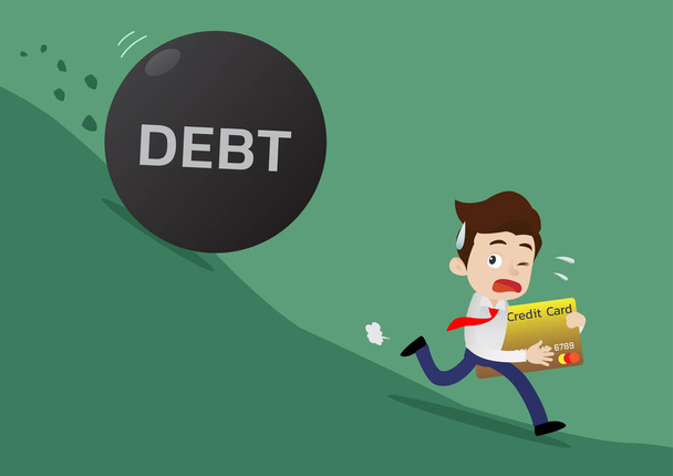 Geschäftsmann mit Kreditkarte auf der Flucht vor einem hohen Schuldenberg, der auf ihn herabrollt - Vektor, Bild