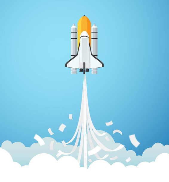 Paper art stijl van raket vliegen naar de hemel door de wolken, Start-up business concept - Vector, afbeelding