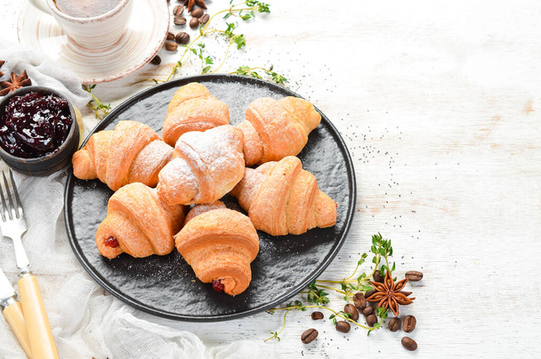 Sweet mini croissants with jam. Baking. Top view, free copy space. - Foto, Imagem