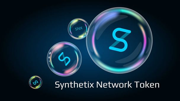 Synthetix Network token SNX symbol v mýdlové bublině, mince DeFi projekt decentralizované finance. Finanční pyramida brzy praskne a zničí se. Vektor EPS10. - Vektor, obrázek