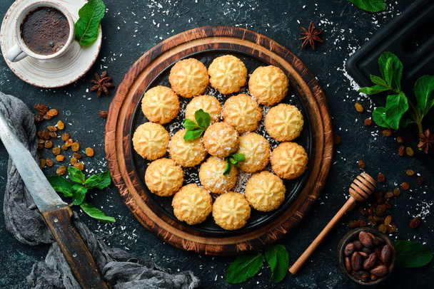 Sweet coconut cookies. Sweets. Top view, free copy space. - Фото, изображение