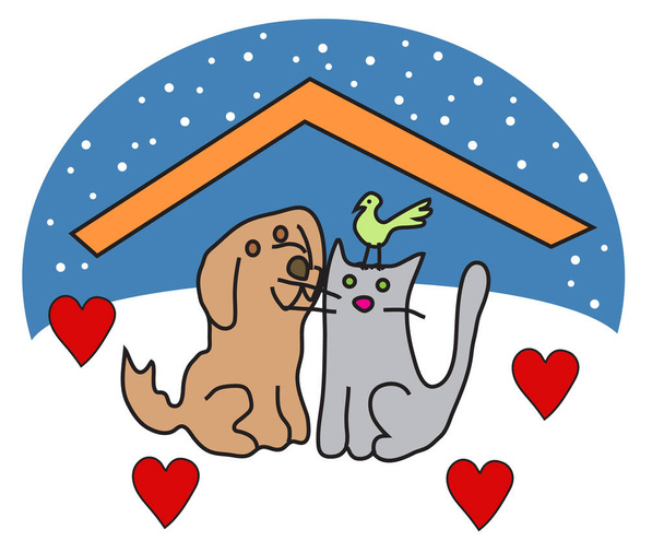 Perro, gato y pájaro se calientan bajo el techo en invierno. Ilustración vectorial. - Vector, imagen