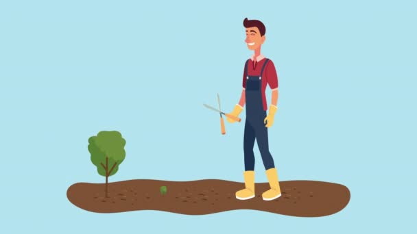 hombre jardinería animación con tijeras y árboles - Imágenes, Vídeo