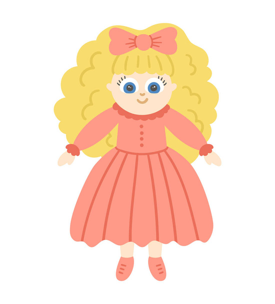 Muñeca vectorial aislada sobre fondo blanco. Linda chica de juguete con cabello rubio en vestido rosa ilustración para niños. Personaje sonriente divertido para el niño - Vector, imagen