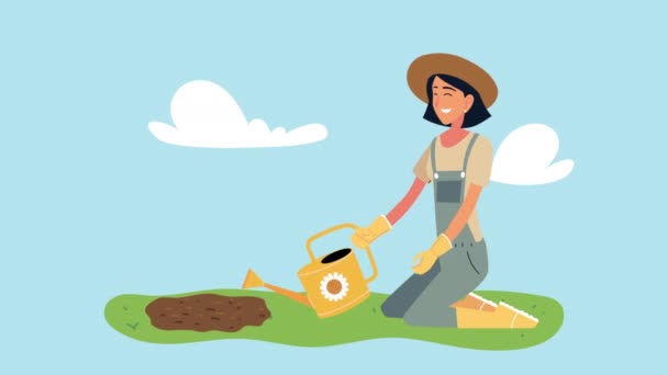 animación de jardinería de mujer con aspersor y flores - Metraje, vídeo