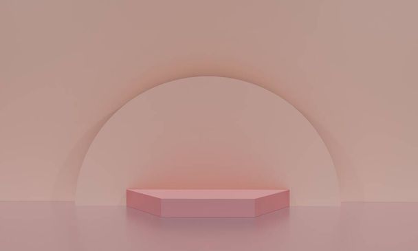 ピンク色でモックアッププレゼンテーションのための表彰台とコピースペースとミニマリストスタイルのシーン, 3Dレンダリング抽象的な背景デザイン - 写真・画像