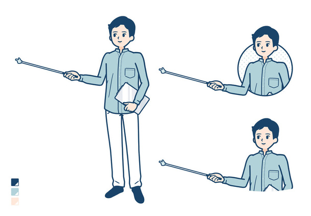 Man in a shirtwith Explanation with a pointing stick image - Vetor, Imagem