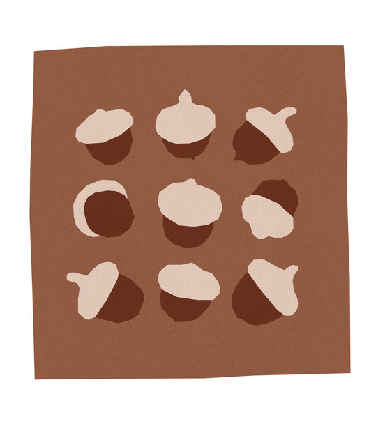 Бумажные желуди на коричневом фоне. Растровые текстурированные иллюстрации с белой рамкой. Осенняя сезонная карта - Фото, изображение