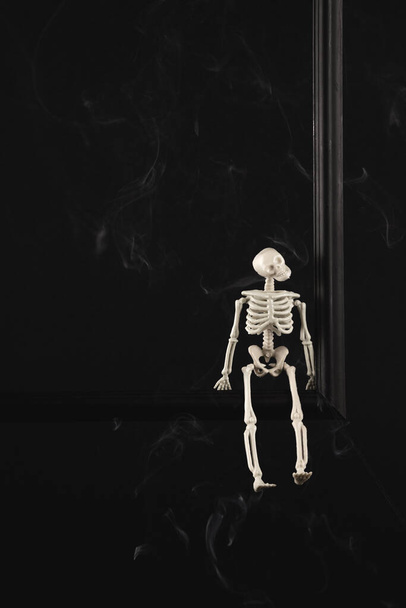 Halloween-Skelett auf schwarzem Hintergrund mit Kopierraum - Foto, Bild