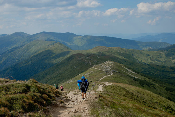 Hiker on the top in Carpathians mountains. Travel sport lifestyle concept. - Фото, зображення