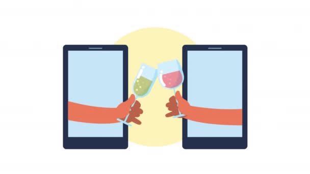 celebración online de animación tecnológica con manos y cócteles en smartphones - Imágenes, Vídeo