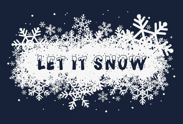 雪、季節のテキストアートイラストをしましょう。冬の雪のキャップレタリングフォントデザイン。クリスマスの休日のシンボルとして白い雪片。新年の雰囲気グリーティングカード、コンセプチュアルなタイポグラフィの背景.  - 写真・画像