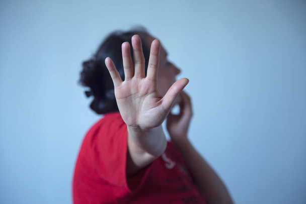 sad woman hand stop sign - Fotoğraf, Görsel