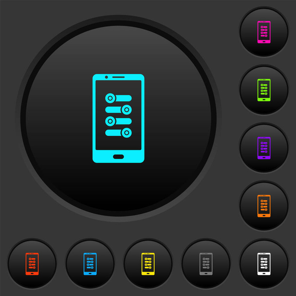 Celular ajuste fino botões escuros com ícones de cores vivas no fundo cinza escuro - Vetor, Imagem
