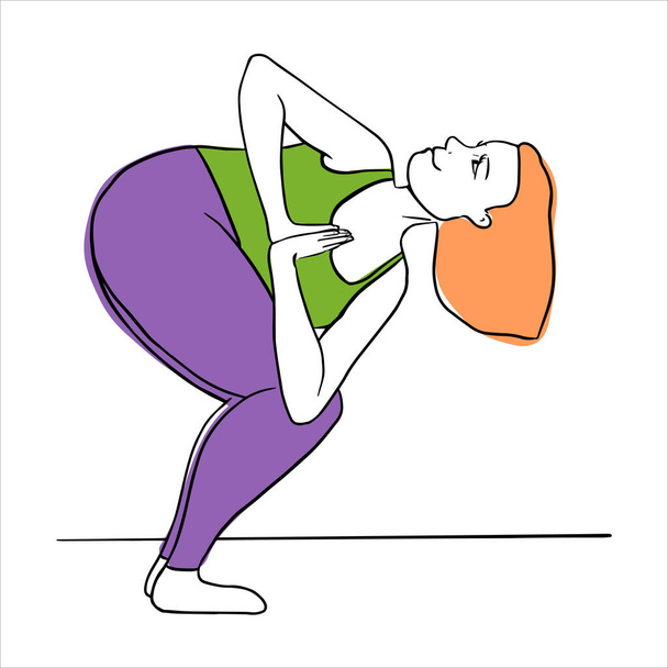 Plus size Woman practicing yoga is standing in Parivrtta utkatasana, legs together, hands namaste. Plump young adult in Revolved Chair Pose, twisting and balancing. Smiling beautiful positive female - Vector, Image