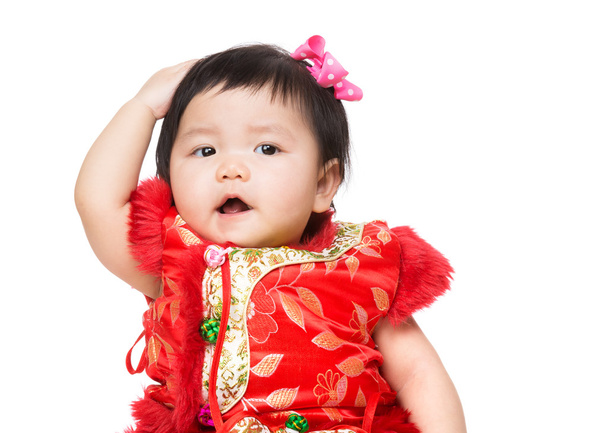 Chinês menina toque cabeça
 - Foto, Imagem