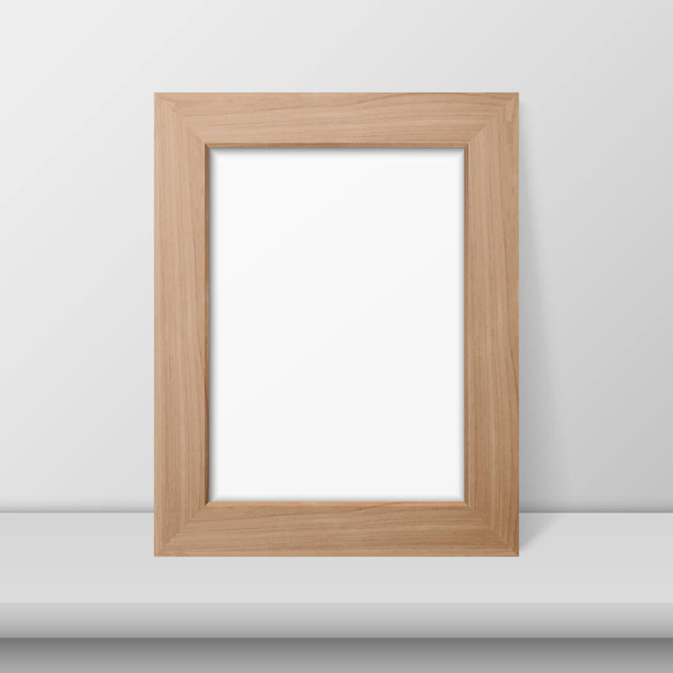 Marco moderno simple de madera marrón realista del vector 3d en un estante blanco o tabla y fondo blanco de la pared. Se puede utilizar para presentaciones. Plantilla de diseño para Mockup, Vista frontal - Vector, imagen