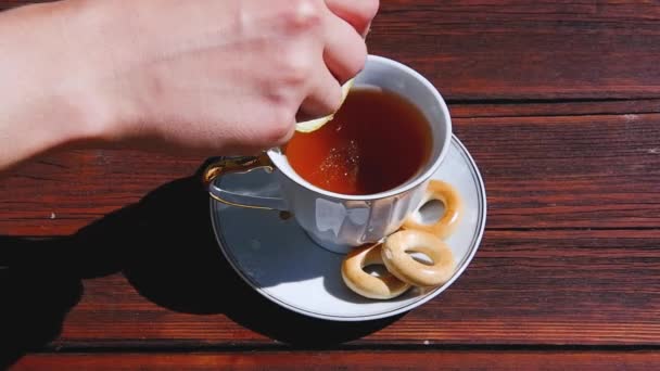Ajouter une tranche de citron au thé noir chaud. Tea party dans la nature sur une vieille table en bois marron. - Séquence, vidéo