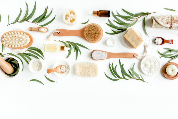 Spa concept with eucalyptus oil and eucalyptus leaf extract natural organic spa cosmetics products eco friendly bathroom accessories.Skincare concept  - 写真・画像