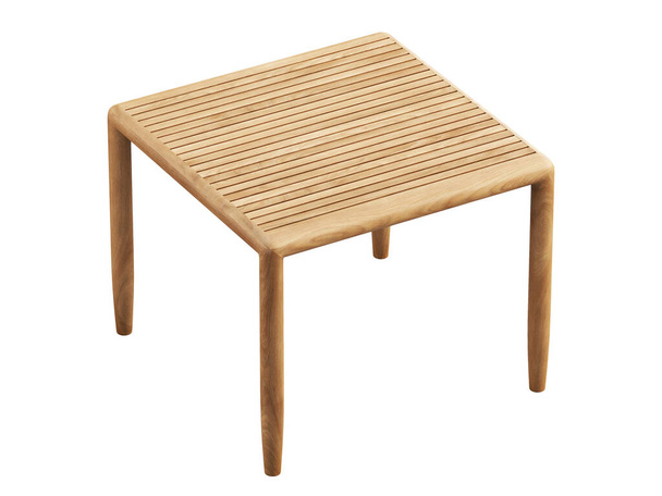 Moderní venkovní dřevěný boční stůl na bílém pozadí. Moderní dřevěný stolek. 3D vykreslení - Fotografie, Obrázek
