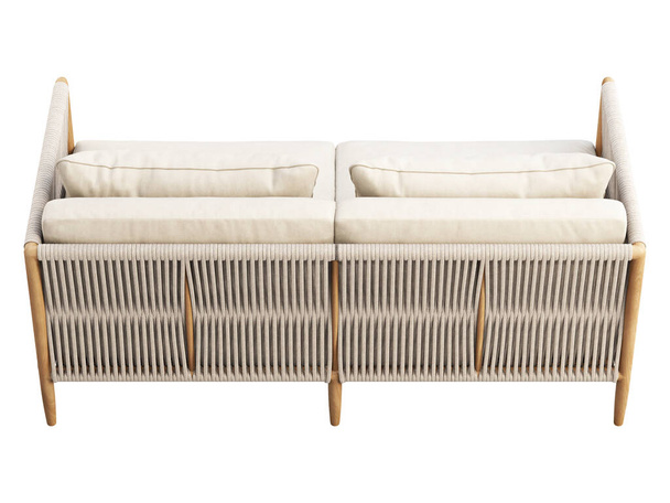 Jasnobeżowa sofa tkaninowa z poduszką i kratą na białym tle. Drewniane uwielbienia na świeżym powietrzu z wikliną i podłokietnikiem. Nowoczesna drewniana sofa. 3d renderowanie - Zdjęcie, obraz