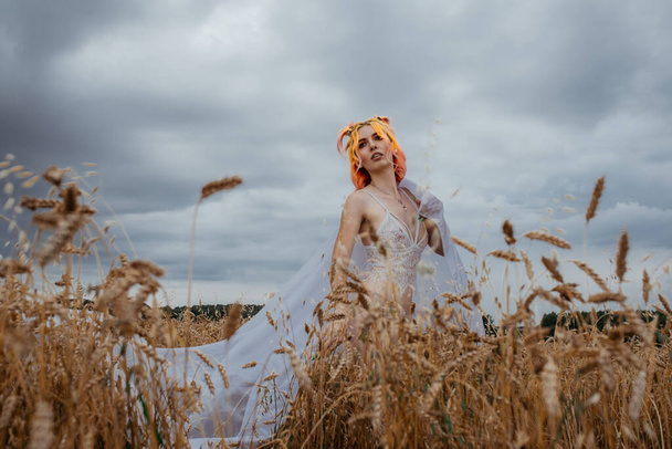 girl with colored hair in underwear in a wheat field - Foto, imagen