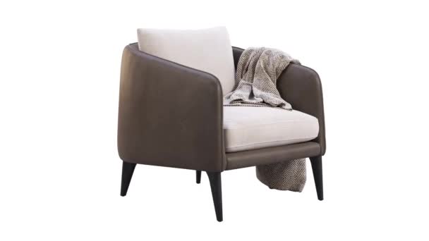 Animation circulaire de fauteuil en cuir moderne avec coussins textiles. Fauteuil rembourré en tissu avec plaid sur fond blanc. Mi-siècle, Loft, Chalet, intérieur scandinave. 3d rendu - Séquence, vidéo