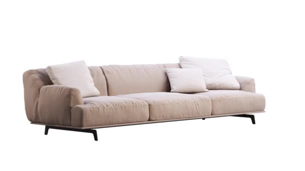 A modern bézs szövet kanapé körkörös animációja. Textil kárpitos kanapé párnákkal fehér háttéren. Század közepe, modern, tetőtér, faház, skandináv belső tér. Lemezjátszó 3d render - Felvétel, videó