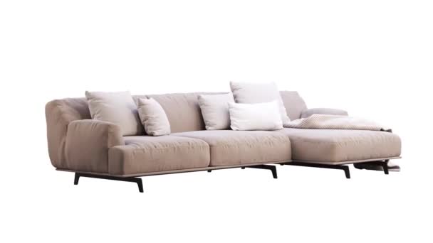 Kreisförmige Animation moderner textiler Polster Chaiselongue Sofa mit Kissen und werfen auf weißem Hintergrund. Mitte des Jahrhunderts, Modern, Loft, Chalet, skandinavisches Interieur. Drehteller 3D-Renderer - Filmmaterial, Video