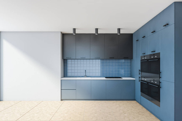 Interior of stylish kitchen with white and blue walls, tiled floor and blue cabinets with built in items. 3d rendering - Foto, Imagem