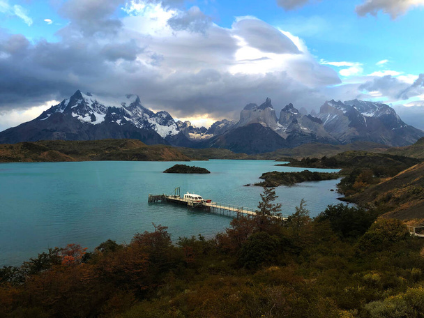 Pehoe Lake boat, dock in Torres del Paine National Park - Photo, Image