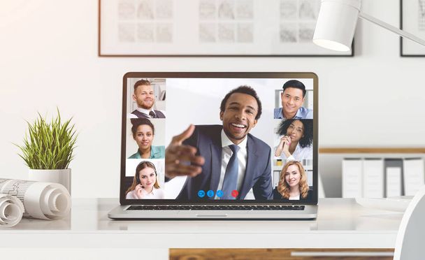Portraits of African American man and diverse people having video chat session. Concept of online education and technology development - Фото, изображение