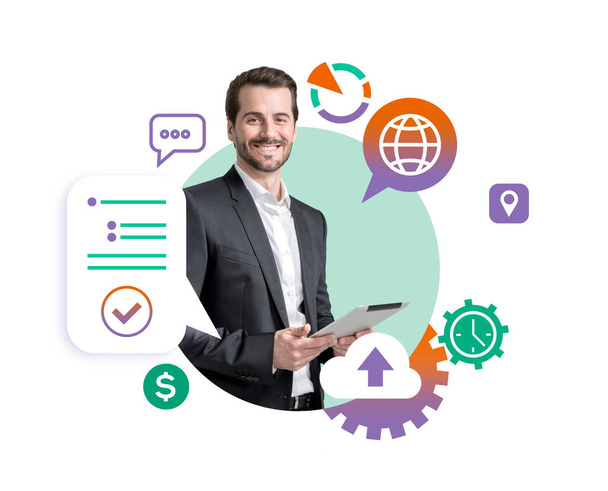Cheerful young businessman with tablet standing over white background with cloud computing icons around him - Photo, Image
