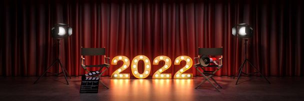 movie, cinema concept, marquee light 2022 letter sign. Director's chair and movie clapper. 3d rendering - Photo, Image