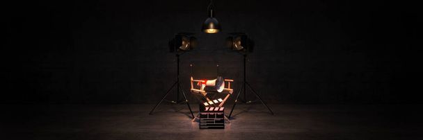 Video, movie, cinema concept. Director's chair and movie clapper. 3d rendering - Фото, зображення