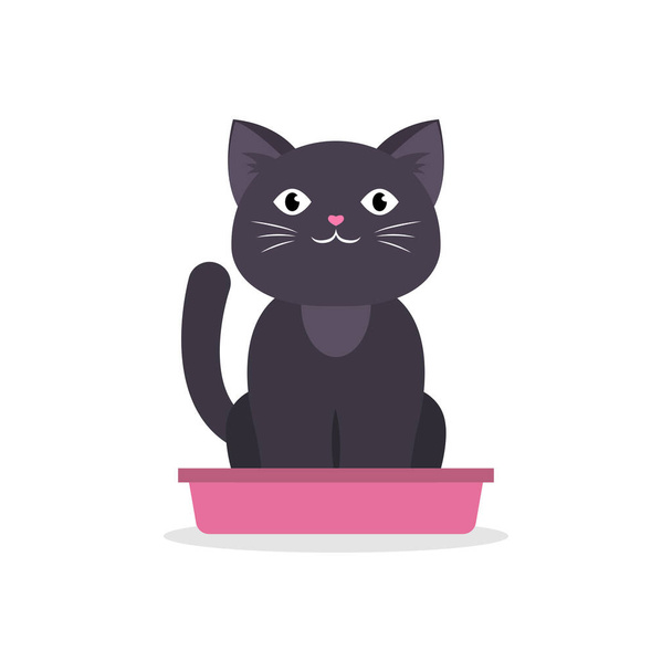 Black cat sitting in litter box, isolated on white. Vector illustration. - Vektor, kép