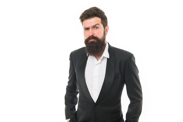 Office worker. Business people fashion style. Menswear and fashion concept. Man handsome bearded businessman wear formal suit. Facial hair and grooming. Fashion model with long beard and mustache - Фото, зображення
