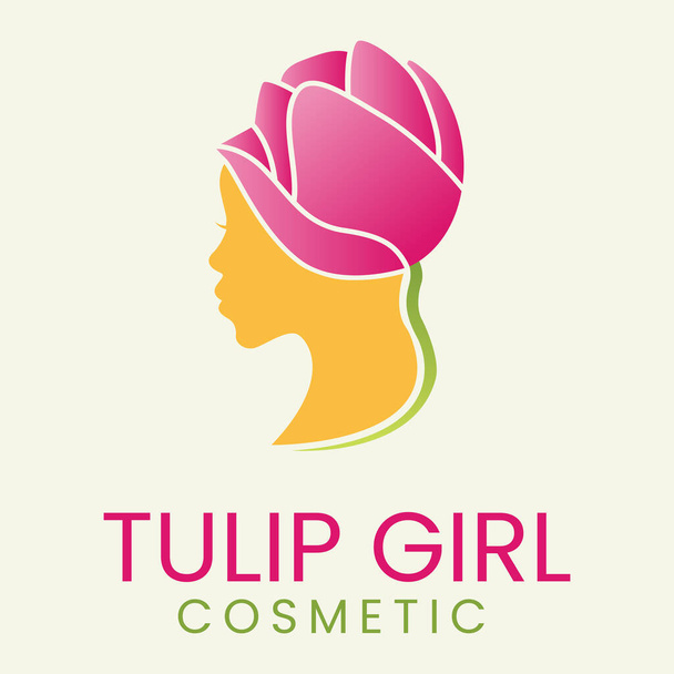 schoonheid vrouwelijke cosmetische logo template met tulp bloem en vrouwen gezicht - Vector, afbeelding