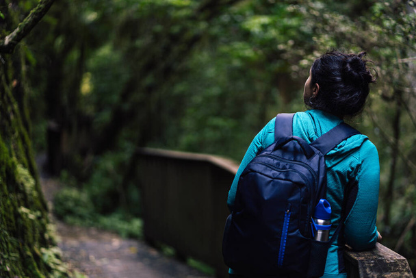 Μια μελαχρινή γυναίκα που περπατάει στη μέση του δάσους με την πλάτη γυρισμένη στην κάμερα. Έννοια ταξιδιωτικής έμπνευσης - Φωτογραφία, εικόνα