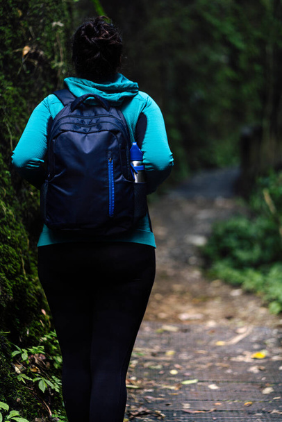 Donna sul sentiero a piedi e di entrare nel bosco. Concetto di viaggiatore singolo. Fotografia verticale - Foto, immagini