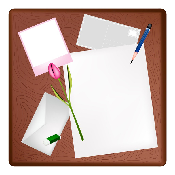 Marco de lápiz y foto en una página y carta en blanco
 - Vector, Imagen