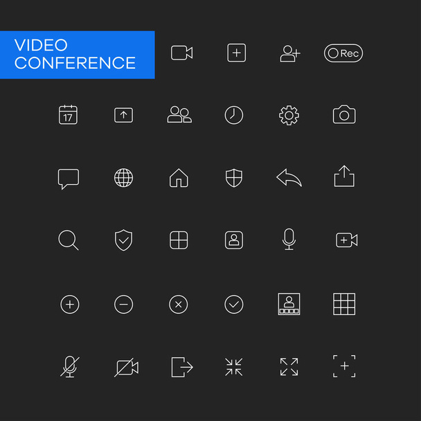Conjunto de ícones de linha minimalista de aplicativos de videoconferência. Perfeito para os elementos de design de software de reunião através de chamadas de vídeo, ensino à distância e webinars. Conjunto de ícones de videoconferência em linha fina. - Vetor, Imagem